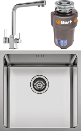 Комплект Мойка Seaman Eco Roma SMR-4444A.A + Смеситель MEGA Life MG-TK06 хром + Измельчитель Bort Titan 5000 Control брашированная, прямоугольная