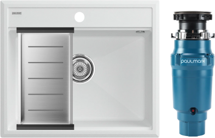 Комплект Мойка Paulmark Stepia PM115951-WH+A375-BS с коландером, белая + Измельчитель Intenso I-400, матовая, прямоугольная