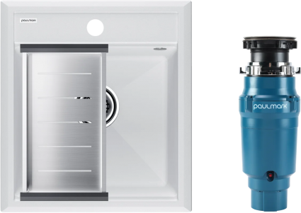 Комплект Мойка Paulmark Stepia PM114651-WH+A375-BS с коландером, белая + Измельчитель Intenso I-400, матовая, прямоугольная