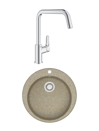 Комплект Мойка Azario Vital 00078347 песочная + Смеситель Grohe Eurosmart 30567000 матовая, круглая