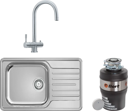 Комплект Мойка Franke LNX 611-44 нержавеющая сталь + Смеситель Eos Clear Water нержавеющая сталь + Измельчитель Bort Alligator Mega матовая, прямоугольная