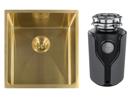 Комплект Мойка Reginox Miami 3,5" PVD 40x40 gold + Измельчитель KUCHENSTERN Muhle 353MU35, полированная, квадратная