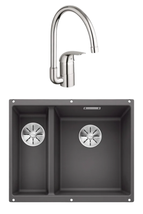 Комплект Мойка Blanco Subline 340/160-U темная скала, правая + Смеситель Grohe Euroeco 32752000, матовая, прямоугольная