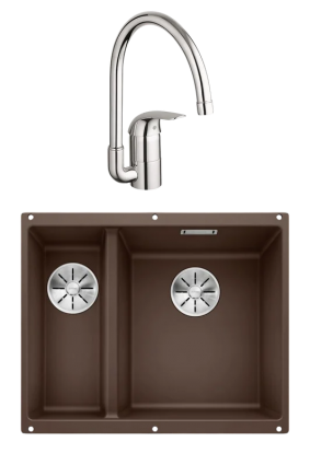 Комплект Мойка Blanco Subline 340/160-U кофе, правая + Смеситель Grohe Euroeco 32752000, матовая, прямоугольная