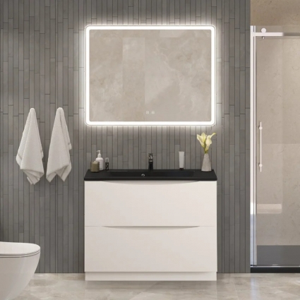 Мебель для ванной комнаты BelBagno Marino 100 напольная, bianco lucido, черная раковина, глянцевая, с ящиками