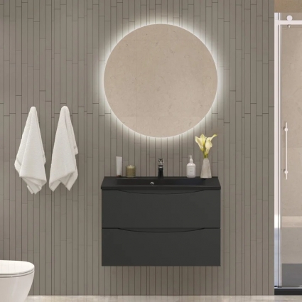 Мебель для ванной комнаты BelBagno Marino 80, подвесная, nero lucido, черная раковина, глянцевая, с ящиками