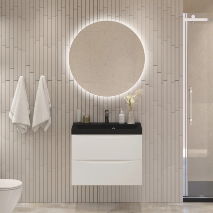 Мебель для ванной комнаты BelBagno Marino 70, подвесная, bianco lucido, черная раковина, глянцевая, с ящиками
