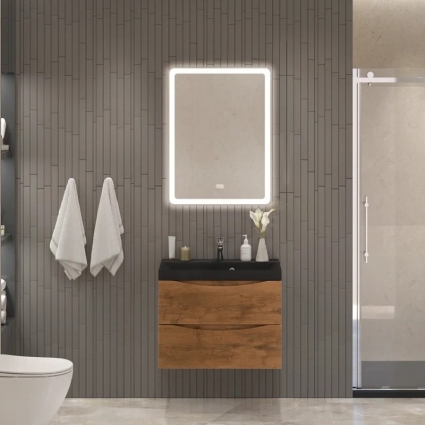 Мебель для ванной комнаты BelBagno Marino 60, подвесная, rovere nature, черная раковина, матовая, с ящиками