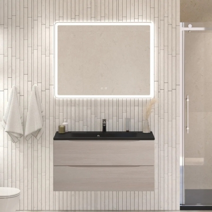 Мебель для ванной комнаты BelBagno Marino 100 подвесная, rovere grigio, черная раковина, матовая, с ящиками