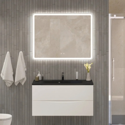 Мебель для ванной комнаты BelBagno Marino 100 подвесная, bianco opaco, черная раовина, матовая, с ящиками