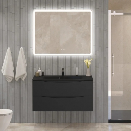 Мебель для ванной комнаты BelBagno Marino 100 подвесная, nero lucido, черная раковина, глянцевая, с ящиками