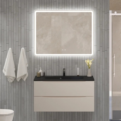 Мебель для ванной комнаты BelBagno Marino 100 подвесная, crema opaco, черная раковина, матовая, с ящиками