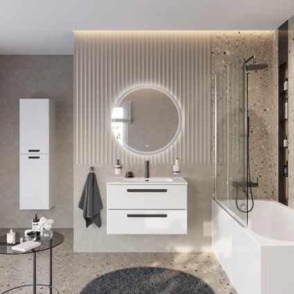 Мебель для ванной комнаты Cezares Eco Cer-N 90, bianco lucido, раковина Duet 90, ручки матовые черные, подвесная, глянцевая