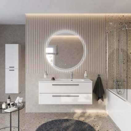 Мебель для ванной комнаты Cezares Eco Cer-N 120 R, bianco lucido, раковина Duet 120 R, ручки серые, подвесная, глянцевая
