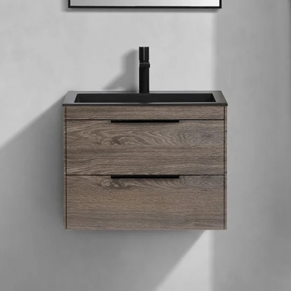 Тумба с раковиной Vincea Chiara 2D, 60, 2 ящика, темный дуб, с черной раковиной, подвесная, матовая