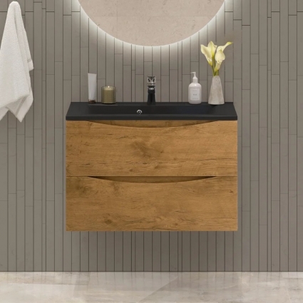 Тумба с раковиной BelBagno Marino 80, подвесная, rovere nature, черная раковина, матовая, с ящиками