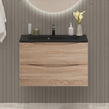 Тумба с раковиной BelBagno Marino 80, подвесная, rovere bianco, черная раковина, матовая, с ящиками