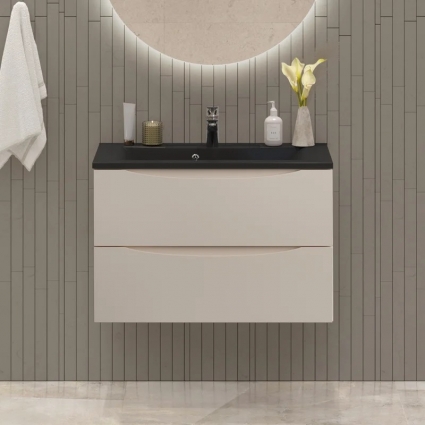 Тумба с раковиной BelBagno Marino 80 подвесная, crema opaco, черная раковина, матовая, с ящиками