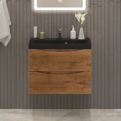 Тумба с раковиной BelBagno Marino 70, подвесная, rovere nature, черная раковина, матовая, с ящиками