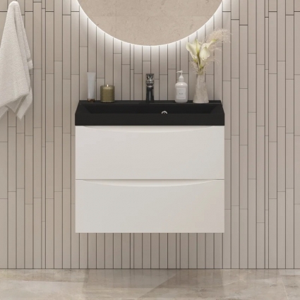 Тумба с раковиной BelBagno Marino 60, подвесная, bianco opaco, черная раковина, матовая, с ящиками