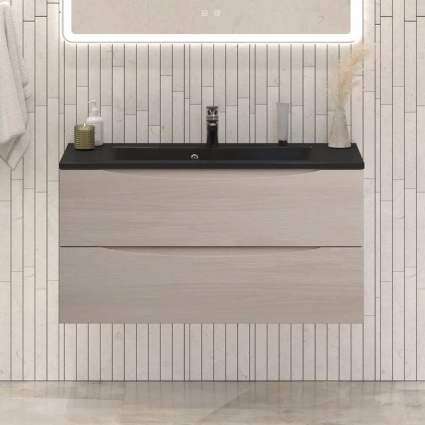 Тумба с раковиной BelBagno Marino 100, подвесная, rovere grigio, черная раковина, матовая, с ящиками