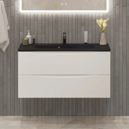Тумба с раковиной BelBagno Marino 100, подвесная, bianco lucido, черная раковина, глянцевая, с ящиками