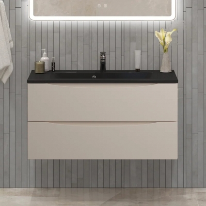 Тумба с раковиной BelBagno Marino 100 подвесная, crema opaco, черная раковина, матовая, с ящиками