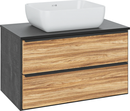 Тумба с раковиной Runo Мальта 85, подвесная, дуб, черная, раковина Cuatro 50, матовая, с ящиками