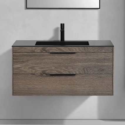Тумба с раковиной Vincea Chiara 2D, 100, 2 ящика, темный дуб, с черной раковиной, подвесная, матовая