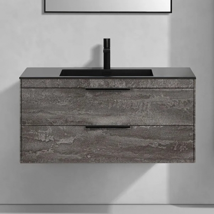 Тумба с раковиной Vincea Chiara 2D, 100, 2 ящика, камень, с черной раковиной, подвесная, матовая
