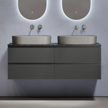 Тумба с раковиной Sancos Folk 140 grey soft, столешница черный мрамор TT140A1, раковина CN6048MH, подвесная, с ящиками