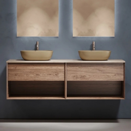 Тумба с раковиной Sancos Marmi 1.0 160, дуб чарльстон, столешница бежевая TT160A2X, раковина CN6009MC, подвесная, матовая