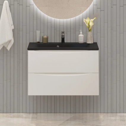 Тумба с раковиной BelBagno Marino 80, подвесная, bianco opaco, черная раковина, матовая, с ящиками