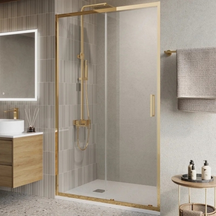 Душевая дверь в нишу BelBagno Luce BF-1-100-C-ORO профиль золото, стекло прозрачное, раздвижная