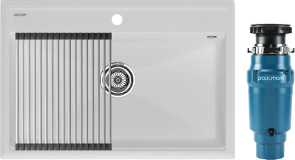 Комплект Мойка Paulmark Stepia + Step PM117551-WH+R375-BS белая + Измельчитель Intenso I-400 матовая, прямоугольная
