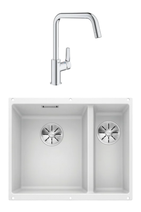 Комплект Мойка Blanco Subline 340/160-U белая, левая + Смеситель Grohe Eurosmart 30567000, матовая, прямоугольная