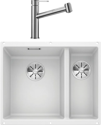 Комплект Мойка Blanco Subline 340/160-U белая, левая + Смеситель Ambis-S 523119, матовая, прямоугольная