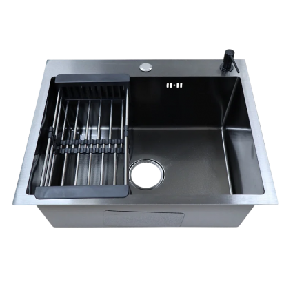 Комплект Azario Nicole AZB6050N нержавеющая сталь черная, с дозатором и коландером, глянцевая, прямоугольная