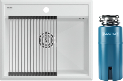 Комплект Мойка Paulmark Stepia + Step PM115951-WH+R375-BS белая + Измельчитель Intenso I-800 матовая, прямоугольная