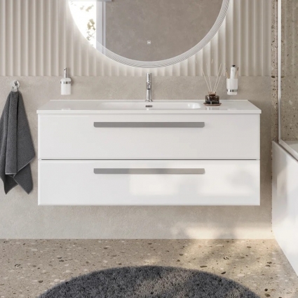 Тумба с раковиной Cezares Eco Cer-N 120 bianco opaco, раковина Duet 120, ручки серые, подвесная, матовая