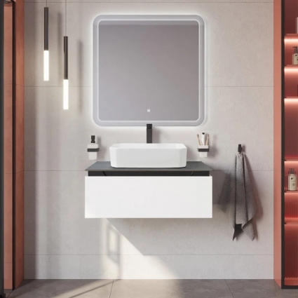 Мебель для ванной комнаты Cezares Slider 80 подвесная, 1 ящик, bianco opaco, столешница marmo nero opaco, матовая, с доводчиками