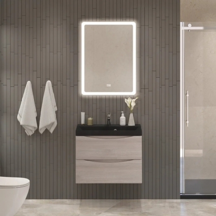 Мебель для ванной комнаты BelBagno Marino 60 подвесная, rovere grigio, черная раовина, матовая, с ящиками