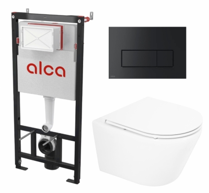 Комплект 3 в 1 инсталляция AlcaPlast + Унитаз подвесной BelBagno Tre BB8001CHR/SC + кнопка черная
