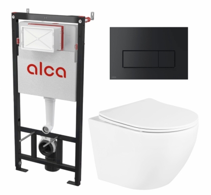 Комплект 3 в 1 инсталляция AlcaPlast + Унитаз подвесной BelBagno Uno BB3105CHR/SC + кнопка черная
