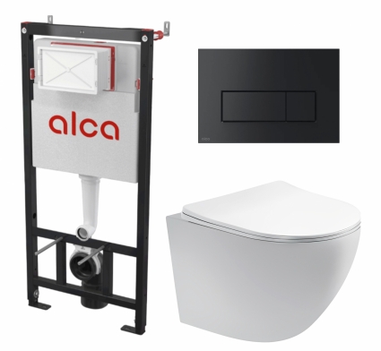 Комплект 3 в 1 инсталляция AlcaPlast + Унитаз подвесной Акватек Европа AQ1900-00 + кнопка черная