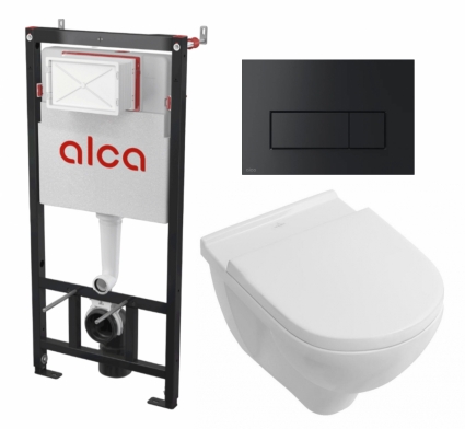 Комплект 3 в 1 инсталляция AlcaPlast + Унитаз подвесной Villeroy & Boch O Novo + кнопка черная