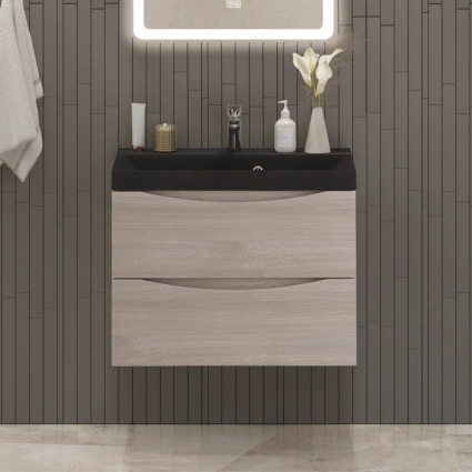 Тумба с раковиной BelBagno Marino 60 подвесная, rovere grigio, черная раковина, матовая, с ящиками
