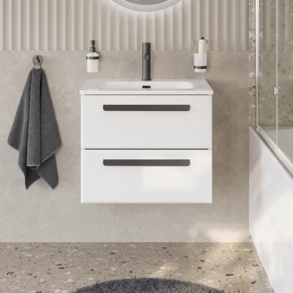 Тумба под раковину без столешницы Cezares Eco Cer-N 60 bianco lucido, ручки матовые черные, подвесная, глянцевая