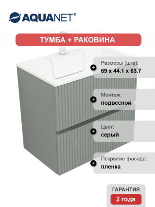 Тумба с раковиной Aquanet Джейн 70 подвесная, мисти грин, матовая, с ящиками