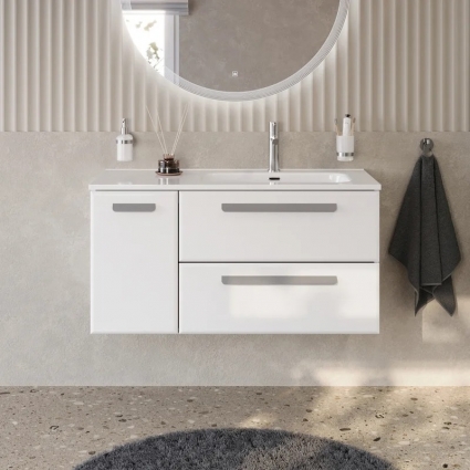 Тумба под раковину без столешницы Cezares Eco Cer-N 100 R 2 ящика, 1 дверца, bianco lucido, ручки серые, подвесная, глянцевая